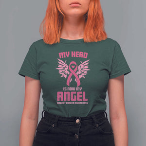 Breast Cancer Awareness T Shirt For Women My Hero Is Now My Angel Pink Ribbon Wings Heart TS11 Dark Forest Green Print Your Wear