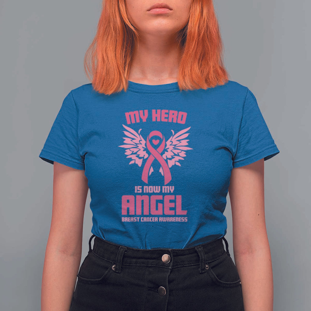Breast Cancer Awareness T Shirt For Women My Hero Is Now My Angel Pink Ribbon Wings Heart TS11 Royal Blue Print Your Wear