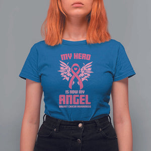 Breast Cancer Awareness T Shirt For Women My Hero Is Now My Angel Pink Ribbon Wings Heart TS11 Royal Blue Print Your Wear