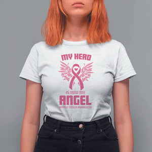 Breast Cancer Awareness T Shirt For Women My Hero Is Now My Angel Pink Ribbon Wings Heart TS11 White Print Your Wear