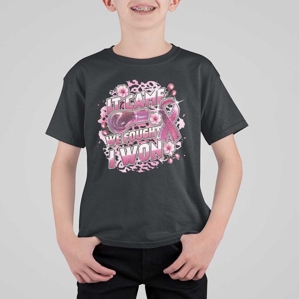 Breast Cancer Awareness T Shirt For Kid It Came We Fought I Won Boxing Gloves Pink Ribbon Flowers Leopard TS11 Black Print Your Wear