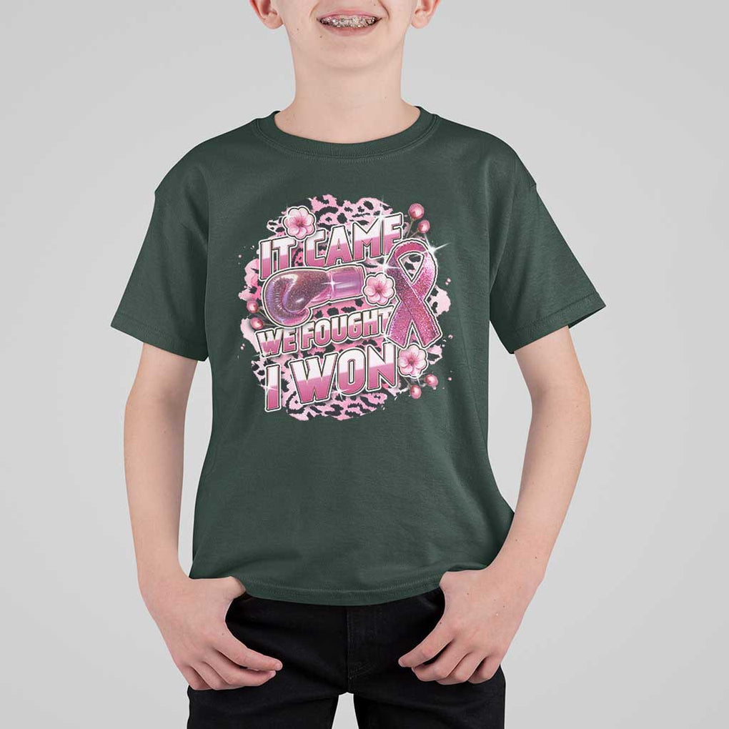 Breast Cancer Awareness T Shirt For Kid It Came We Fought I Won Boxing Gloves Pink Ribbon Flowers Leopard TS11 Dark Forest Green Print Your Wear