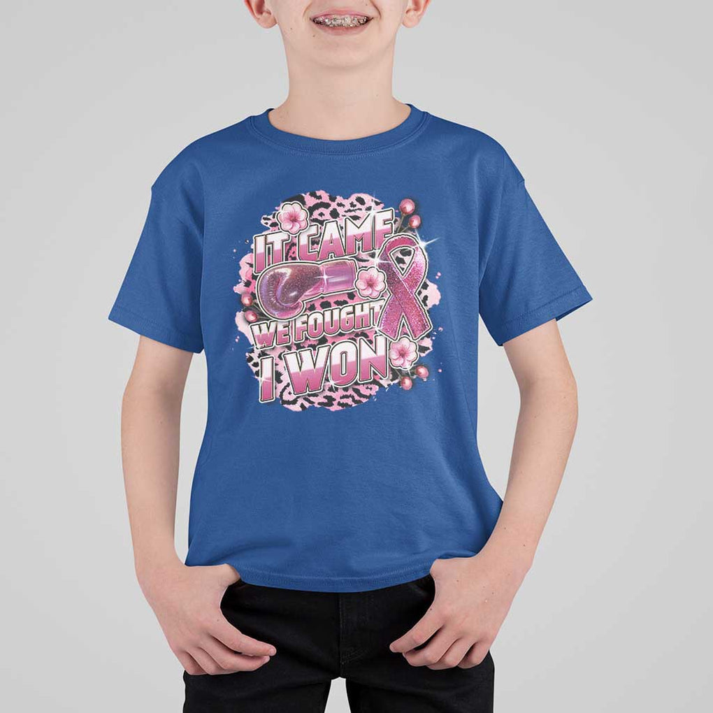 Breast Cancer Awareness T Shirt For Kid It Came We Fought I Won Boxing Gloves Pink Ribbon Flowers Leopard TS11 Royal Blue Print Your Wear