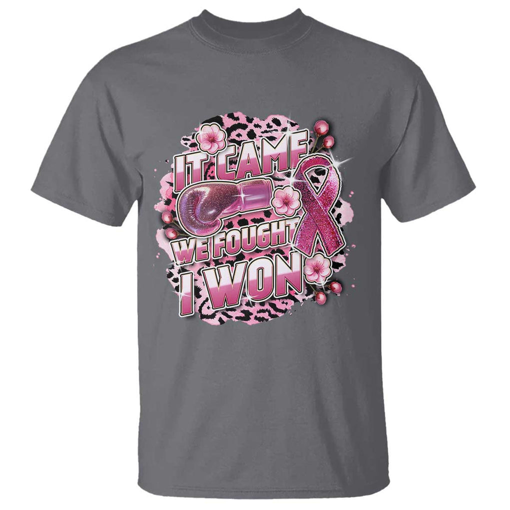 Breast Cancer Awareness T Shirt It Came We Fought I Won Boxing Gloves Pink Ribbon Flowers Leopard TS11 Charcoal Print Your Wear