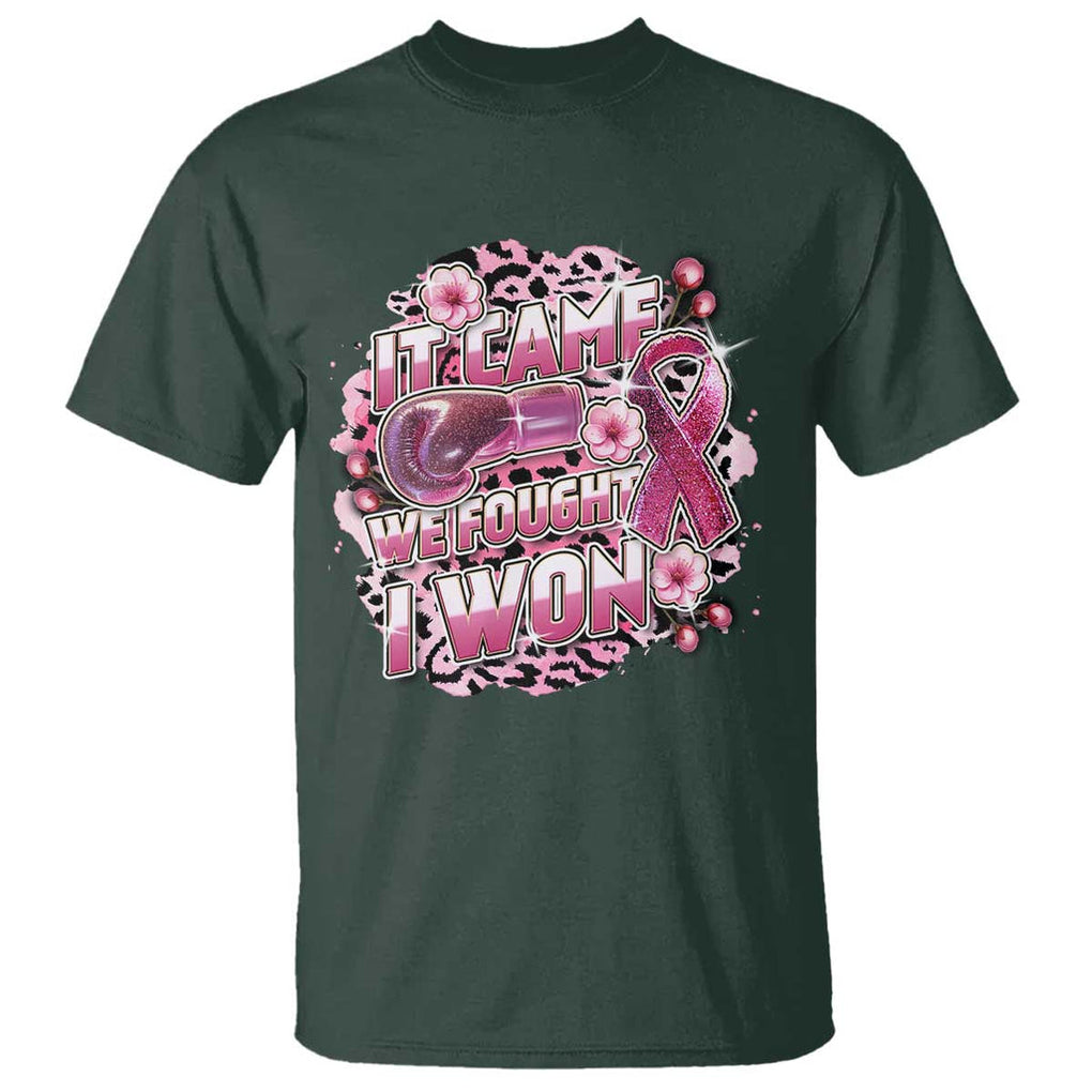 Breast Cancer Awareness T Shirt It Came We Fought I Won Boxing Gloves Pink Ribbon Flowers Leopard TS11 Dark Forest Green Print Your Wear