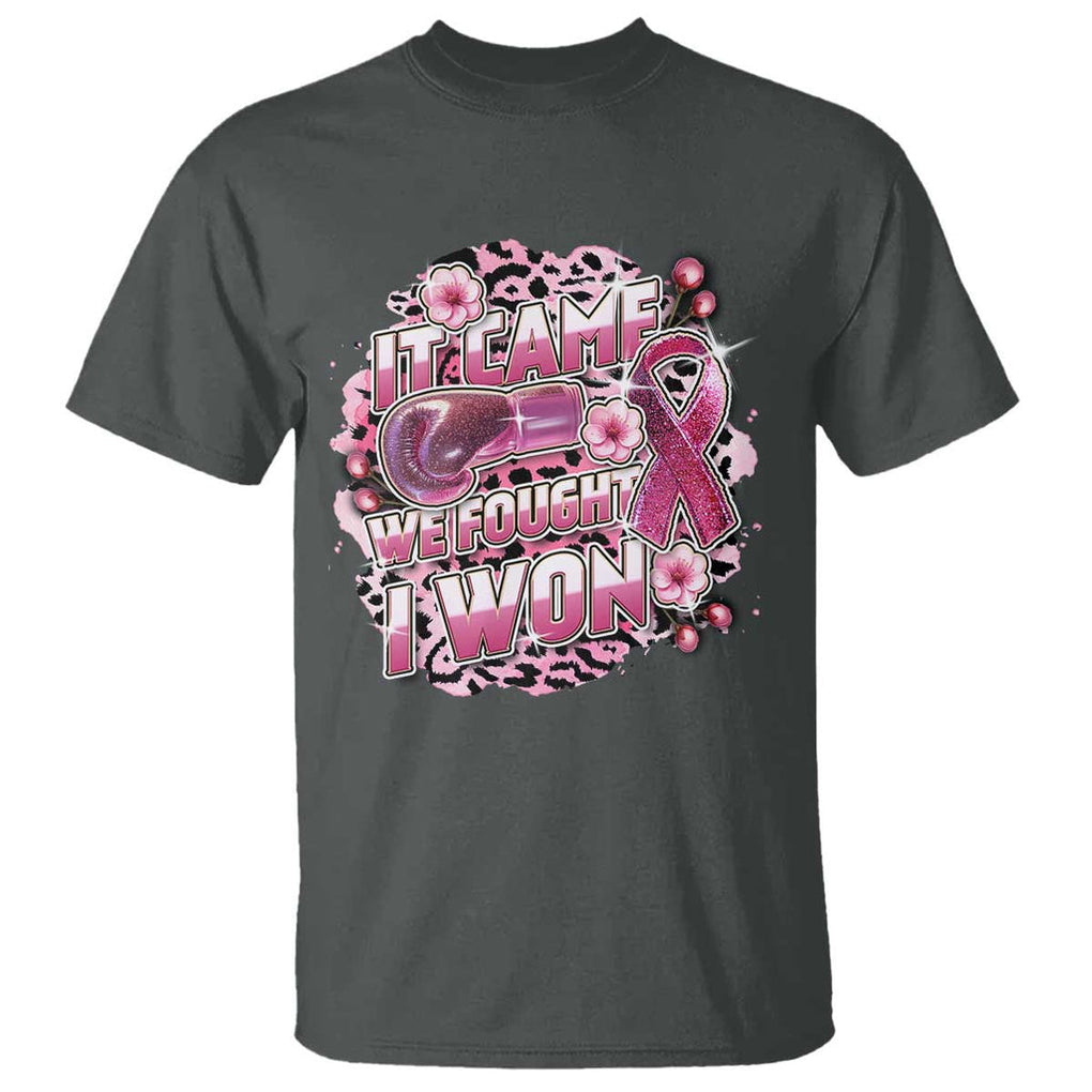 Breast Cancer Awareness T Shirt It Came We Fought I Won Boxing Gloves Pink Ribbon Flowers Leopard TS11 Dark Heather Print Your Wear