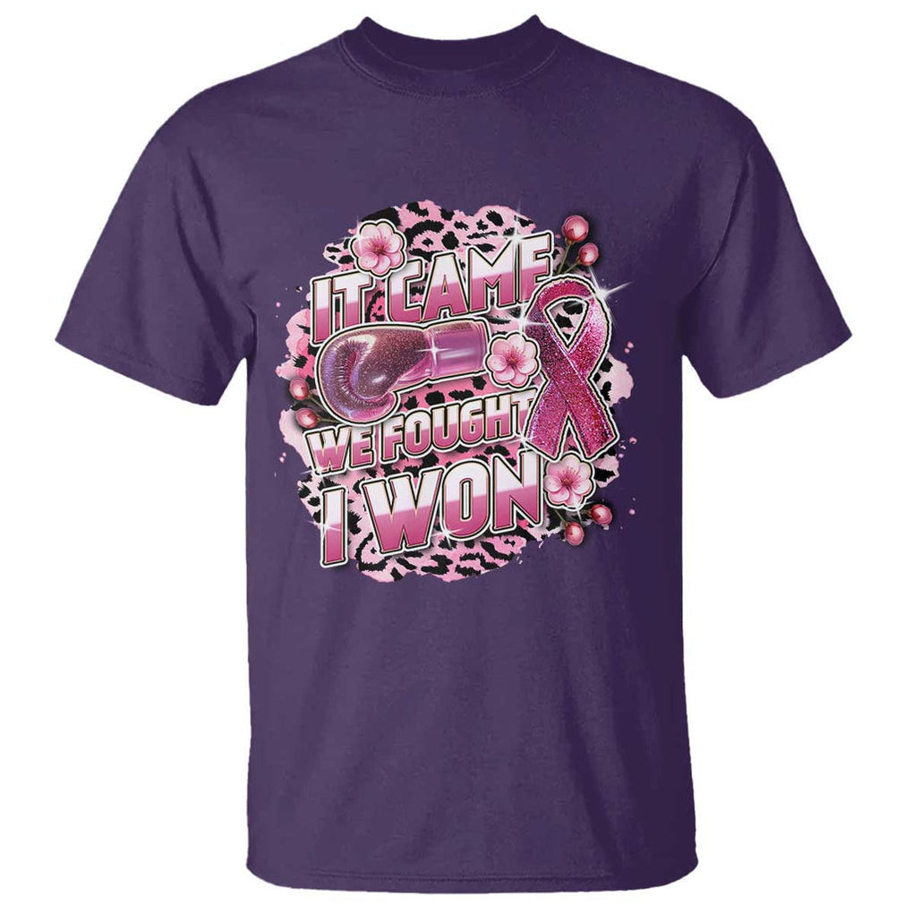Breast Cancer Awareness T Shirt It Came We Fought I Won Boxing Gloves Pink Ribbon Flowers Leopard TS11 Purple Print Your Wear