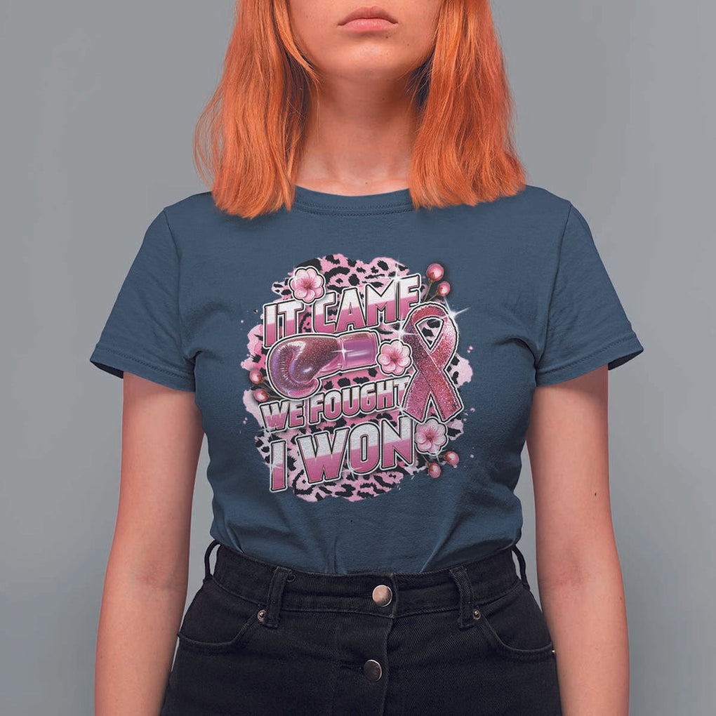 Breast Cancer Awareness T Shirt For Women It Came We Fought I Won Boxing Gloves Pink Ribbon Flowers Leopard TS11 Navy Print Your Wear