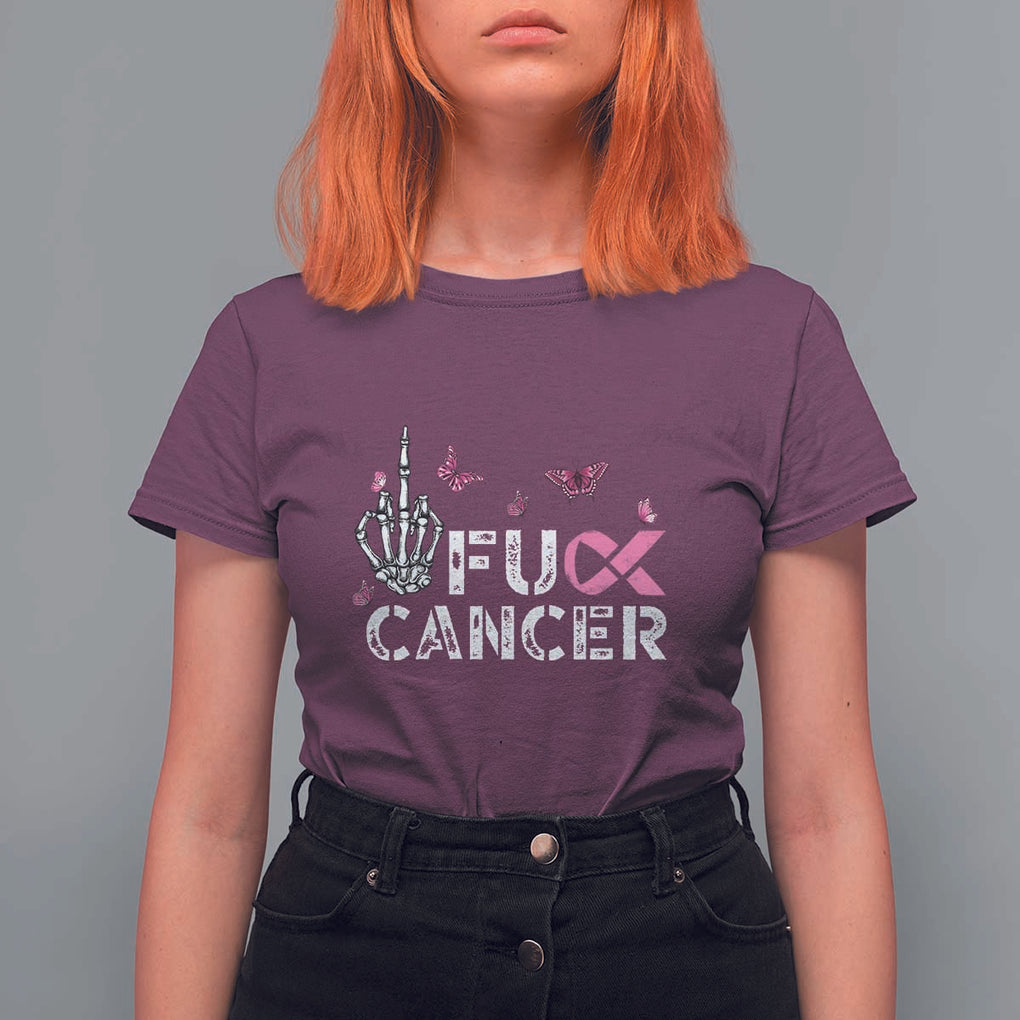 Breast Cancer Awareness T Shirt For Women Fuck Cancer Pink Ribbon Skeleton Hand Butterfly TS11 Maroon Print Your Wear