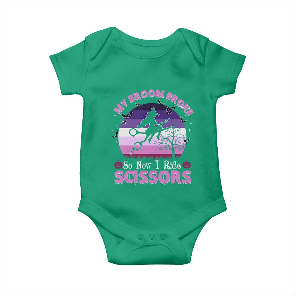 Funny Lesbian Witch Halloween Baby Onesie My Broom Broke So Now I Ride Scissors TS11 Irish Green Print Your Wear