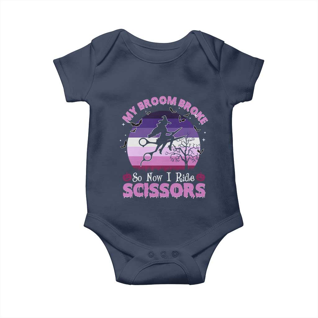 Funny Lesbian Witch Halloween Baby Onesie My Broom Broke So Now I Ride Scissors TS11 Navy Print Your Wear