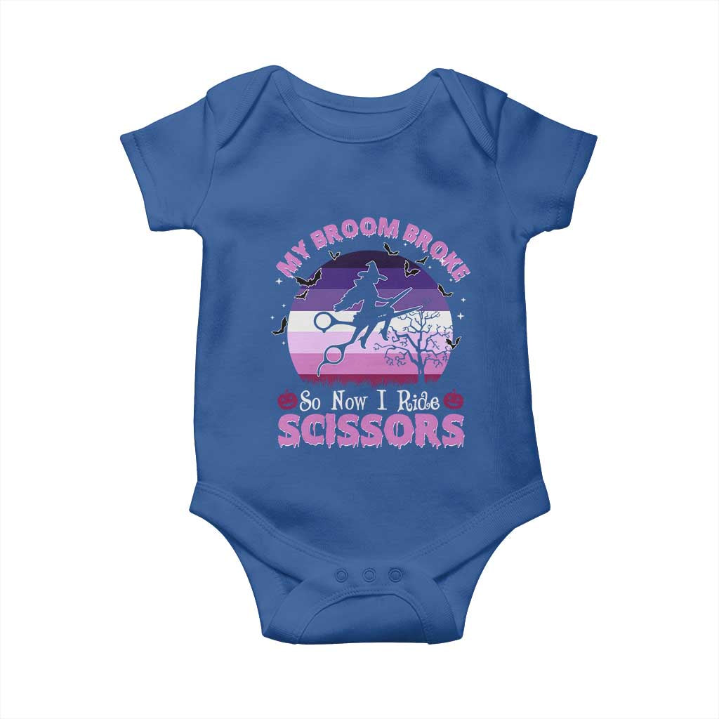 Funny Lesbian Witch Halloween Baby Onesie My Broom Broke So Now I Ride Scissors TS11 Royal Blue Print Your Wear