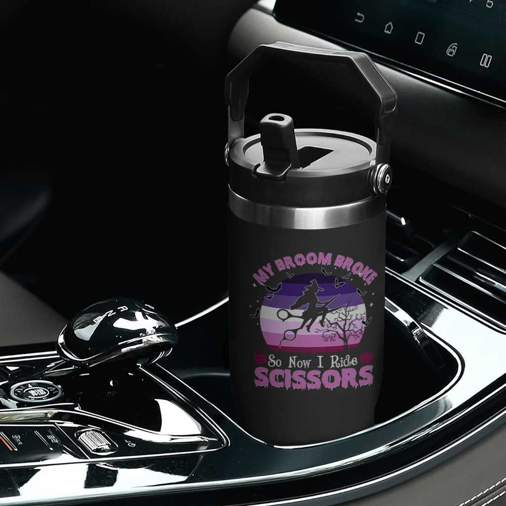 Funny Lesbian Witch Halloween Flip Straw Tumbler My Broom Broke So Now I Ride Scissors TS11 Print Your Wear