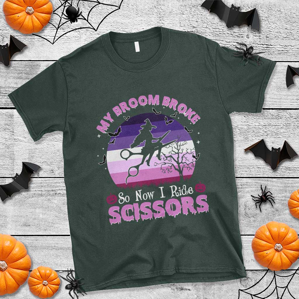 Funny Lesbian Witch Halloween T Shirt My Broom Broke So Now I Ride Scissors TS11 Dark Forest Green Print Your Wear
