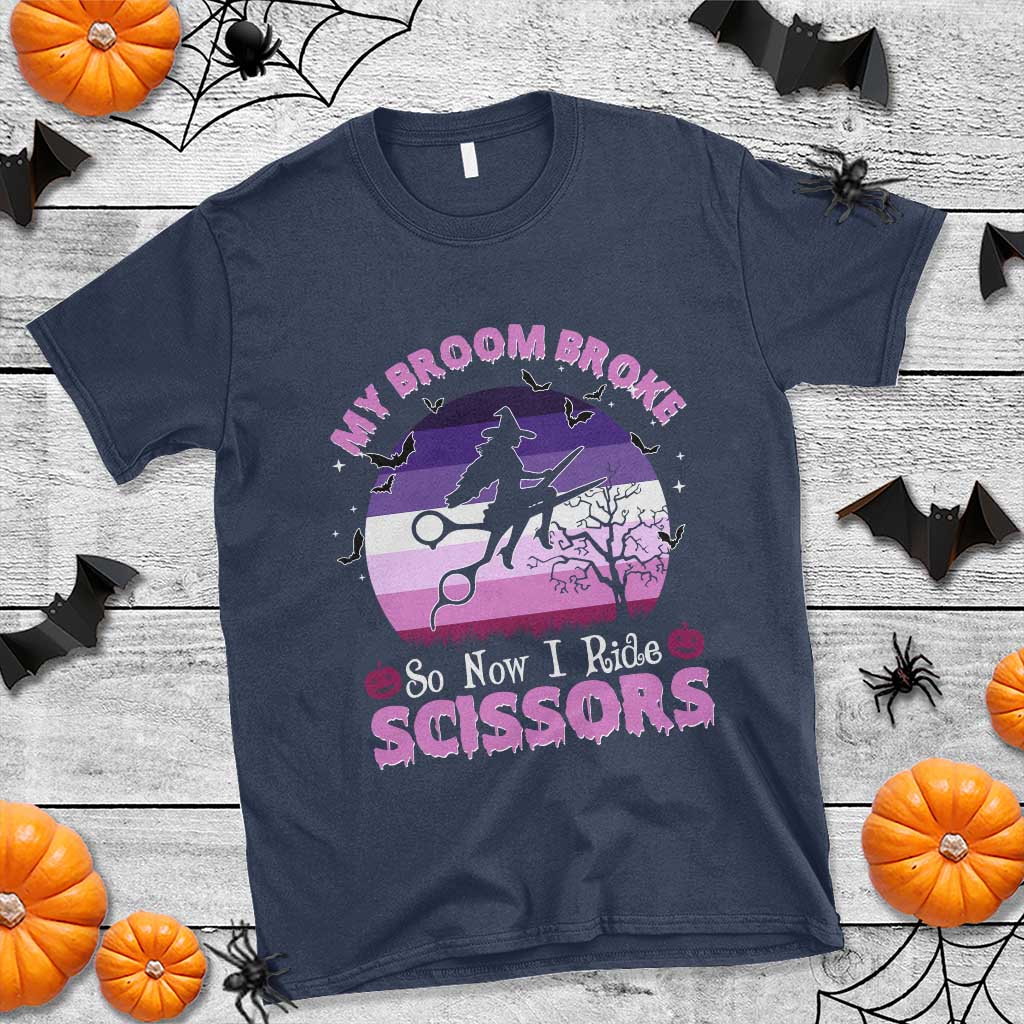 Funny Lesbian Witch Halloween T Shirt My Broom Broke So Now I Ride Scissors TS11 Navy Print Your Wear