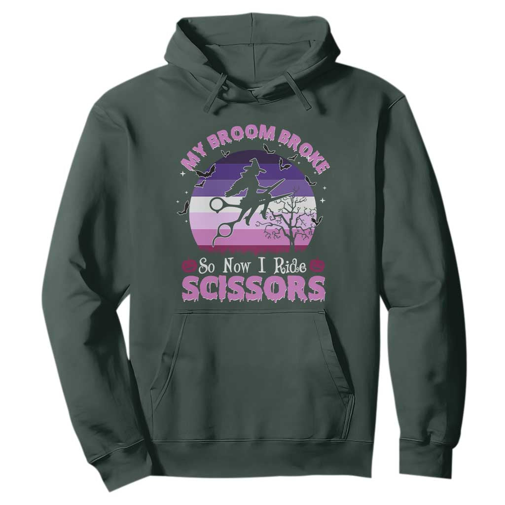 Funny Lesbian Witch Halloween Hoodie My Broom Broke So Now I Ride Scissors TS11 Dark Forest Green Print Your Wear