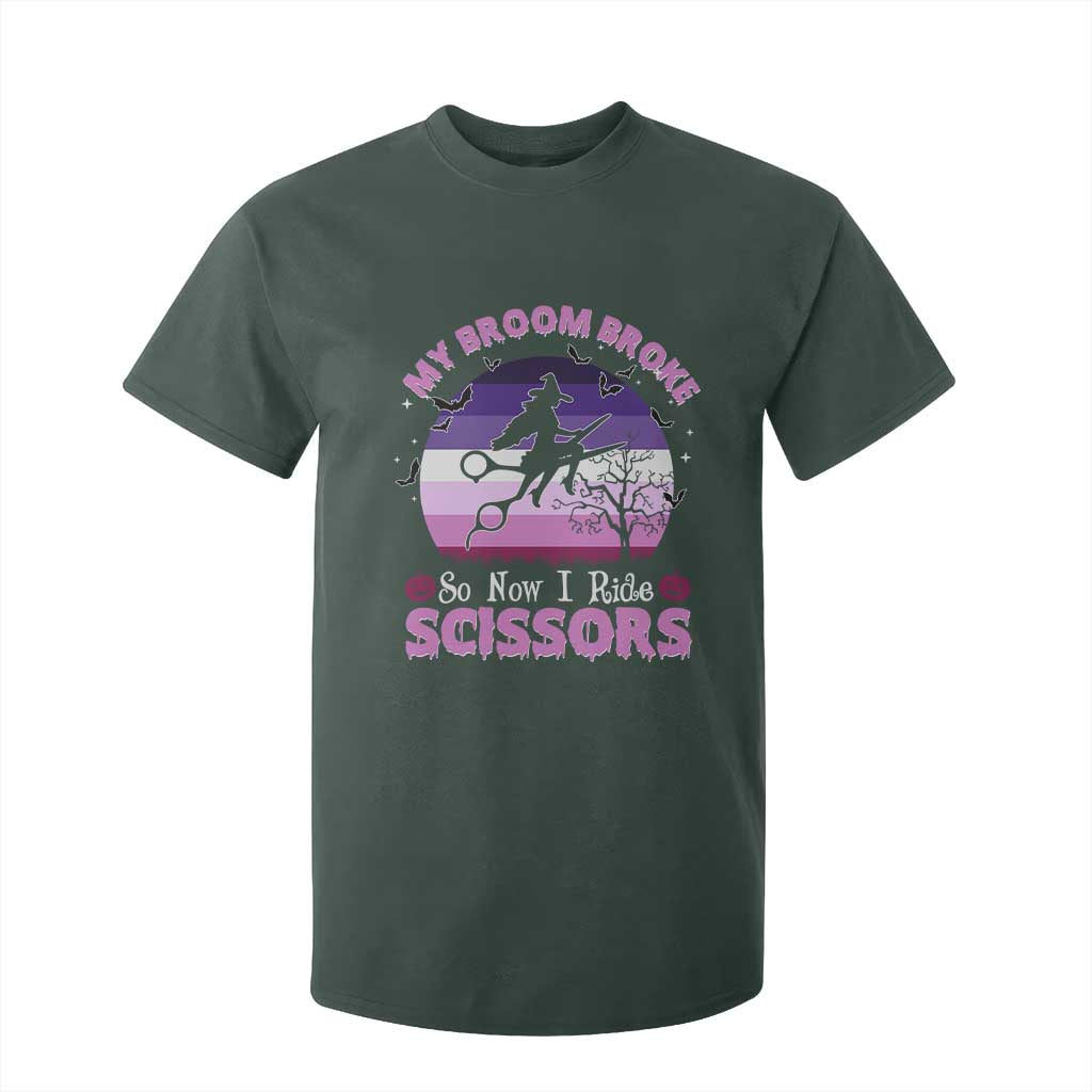 Funny Lesbian Witch Halloween T Shirt For Kid My Broom Broke So Now I Ride Scissors TS11 Dark Forest Green Print Your Wear