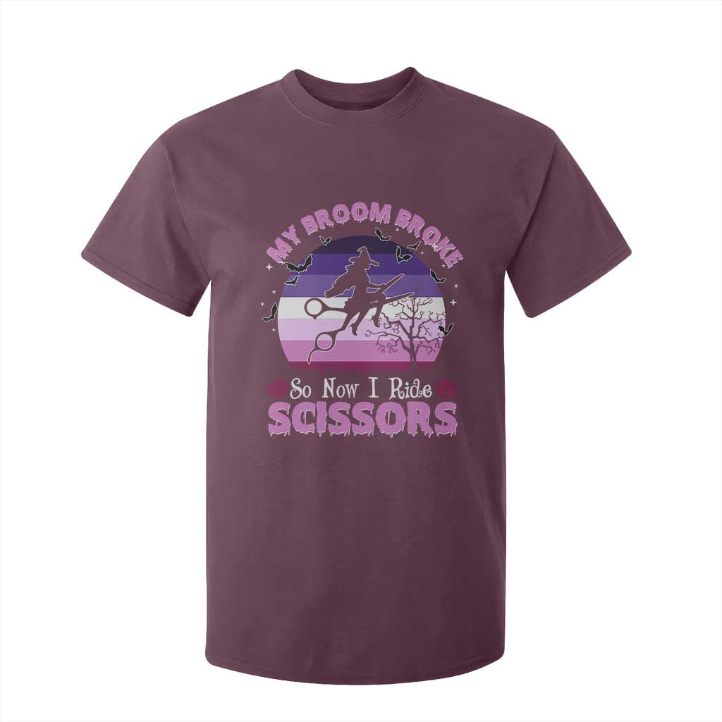 Funny Lesbian Witch Halloween T Shirt For Kid My Broom Broke So Now I Ride Scissors TS11 Maroon Print Your Wear