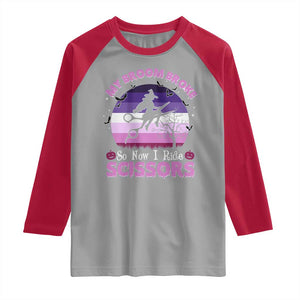 Funny Lesbian Witch Halloween Raglan Shirt My Broom Broke So Now I Ride Scissors TS11 Sport Gray Red Print Your Wear