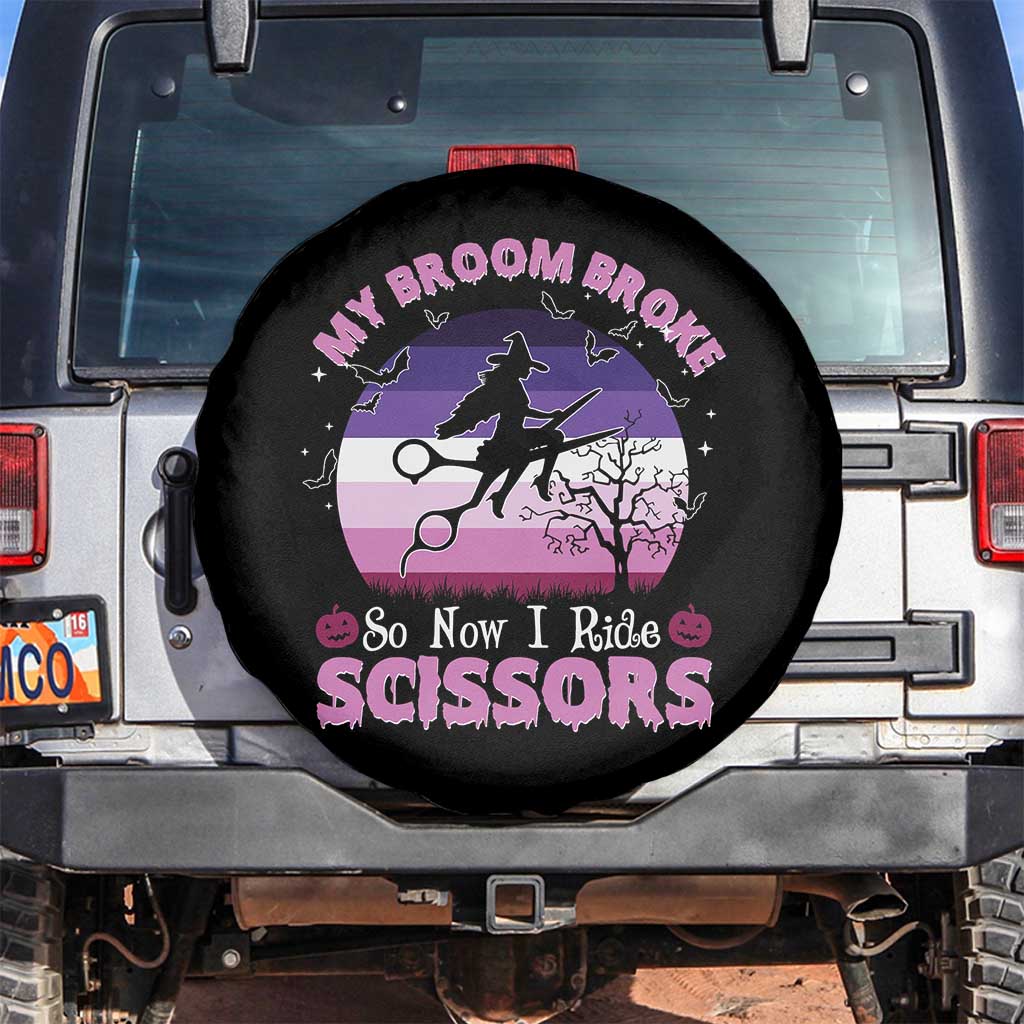 Funny Lesbian Witch Halloween Spare Tire Cover My Broom Broke So Now I Ride Scissors TS11 No hole Black Print Your Wear