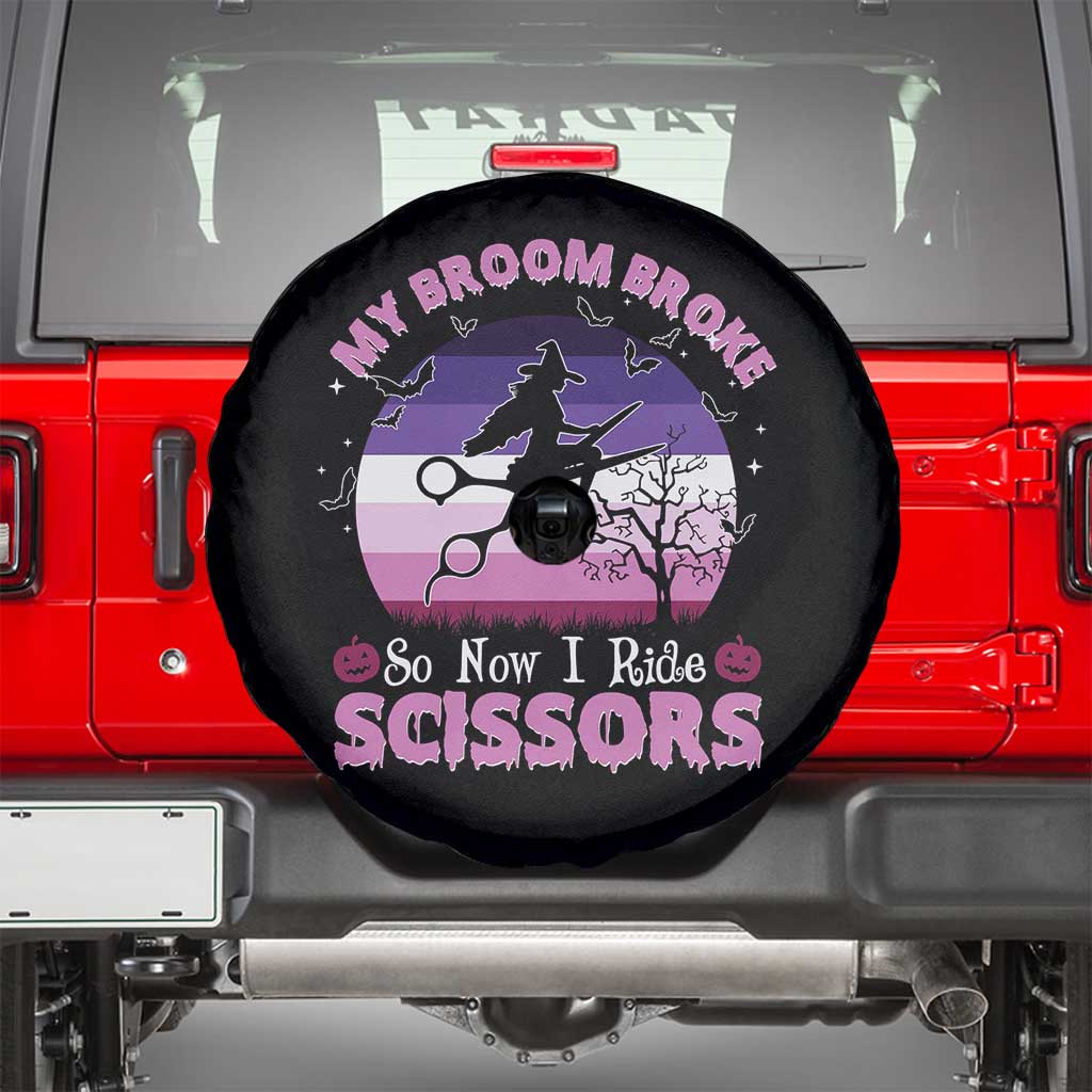 Funny Lesbian Witch Halloween Spare Tire Cover My Broom Broke So Now I Ride Scissors TS11 Black Print Your Wear