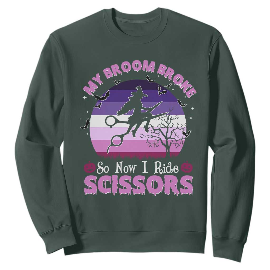 Funny Lesbian Witch Halloween Sweatshirt My Broom Broke So Now I Ride Scissors TS11 Dark Forest Green Print Your Wear