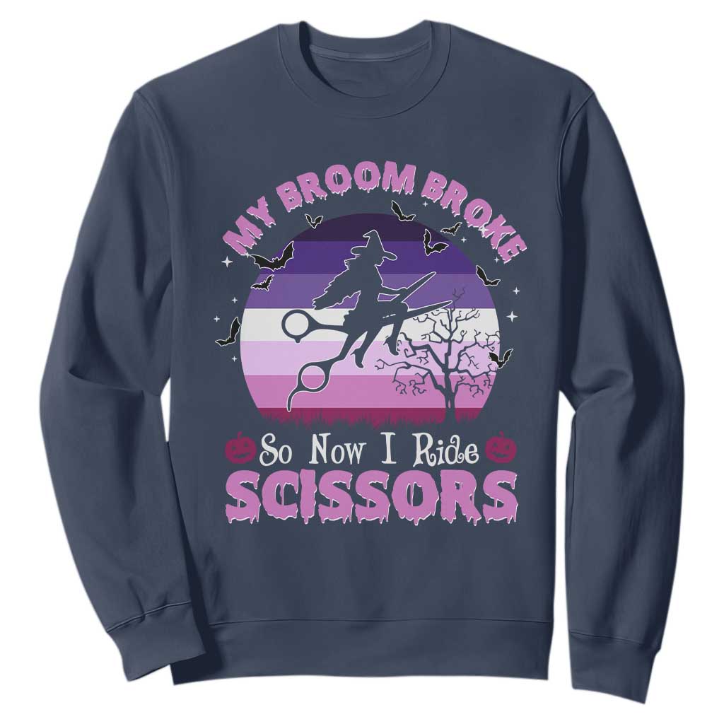 Funny Lesbian Witch Halloween Sweatshirt My Broom Broke So Now I Ride Scissors TS11 Navy Print Your Wear