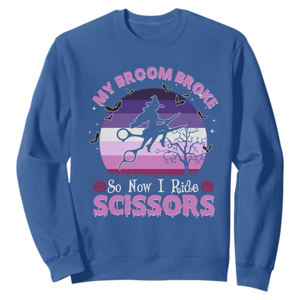 Funny Lesbian Witch Halloween Sweatshirt My Broom Broke So Now I Ride Scissors TS11 Royal Blue Print Your Wear
