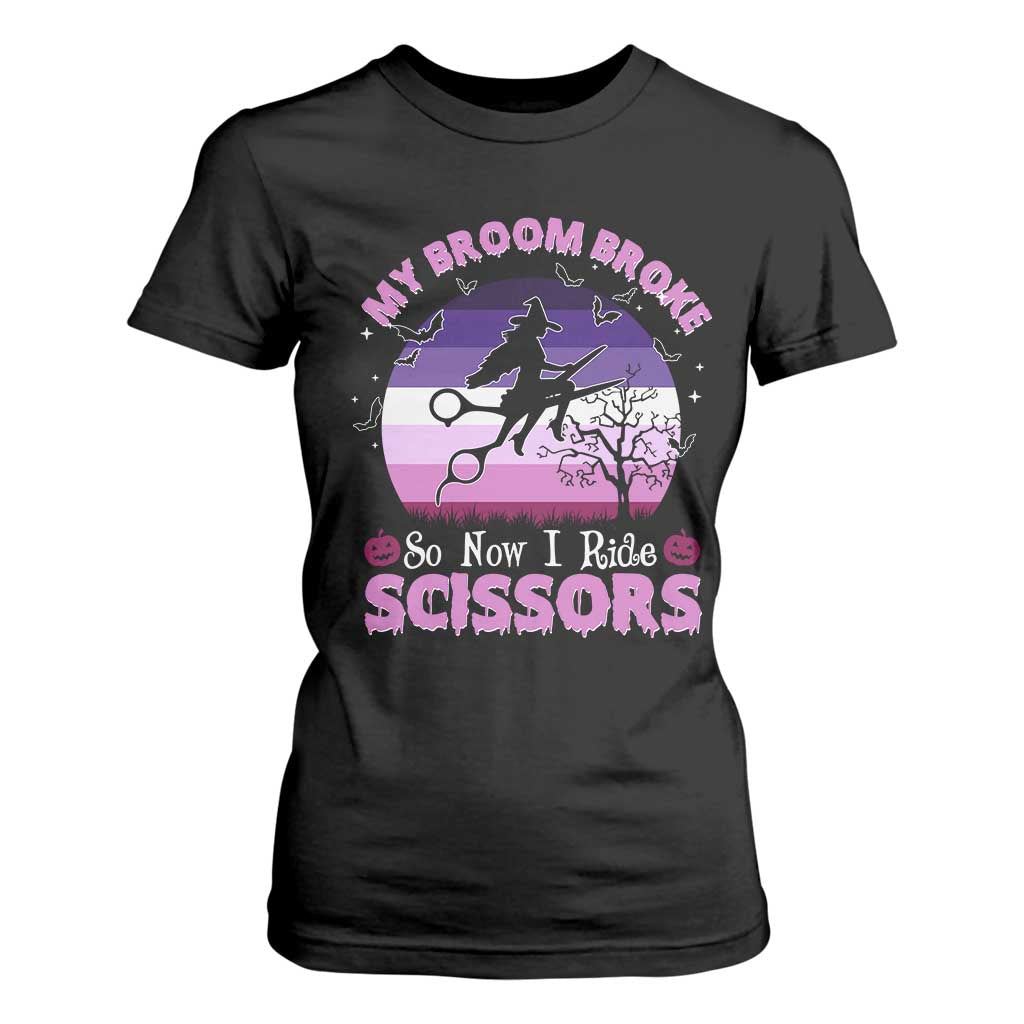 Funny Lesbian Witch Halloween T Shirt For Women My Broom Broke So Now I Ride Scissors TS11 Black Print Your Wear