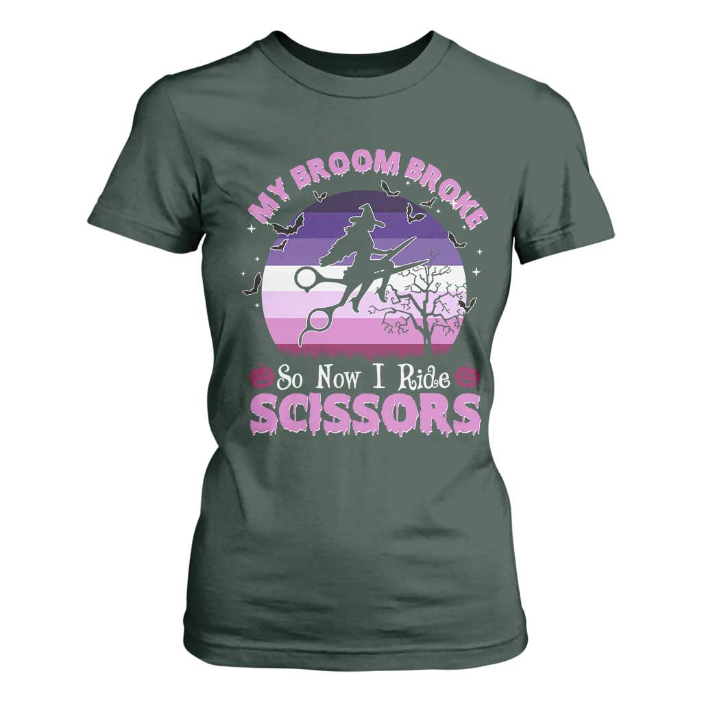 Funny Lesbian Witch Halloween T Shirt For Women My Broom Broke So Now I Ride Scissors TS11 Dark Forest Green Print Your Wear