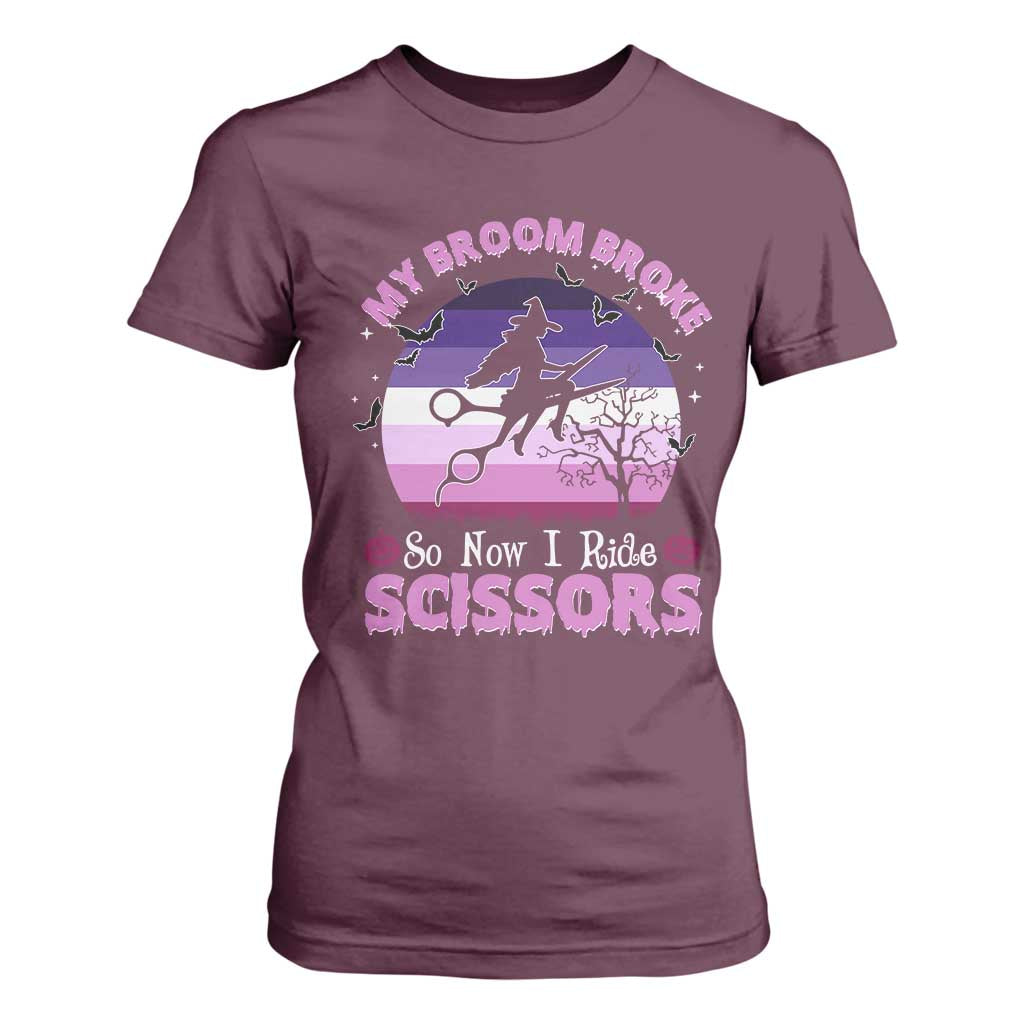 Funny Lesbian Witch Halloween T Shirt For Women My Broom Broke So Now I Ride Scissors TS11 Maroon Print Your Wear