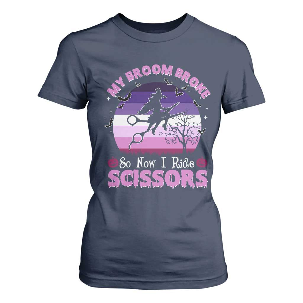 Funny Lesbian Witch Halloween T Shirt For Women My Broom Broke So Now I Ride Scissors TS11 Navy Print Your Wear
