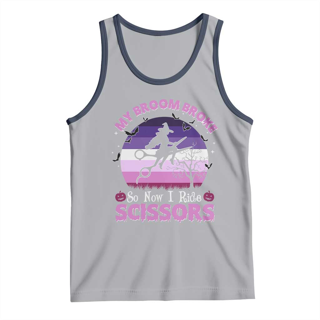 Funny Lesbian Witch Halloween Tank Top My Broom Broke So Now I Ride Scissors TS11 Athletic Heather Navy Print Your Wear
