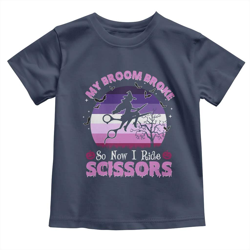 Funny Lesbian Witch Halloween Toddler T Shirt My Broom Broke So Now I Ride Scissors TS11 Navy Print Your Wear