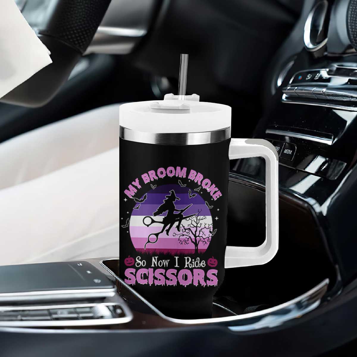 Funny Lesbian Witch Halloween Tumbler With Handle My Broom Broke So Now I Ride Scissors TS11 Print Your Wear