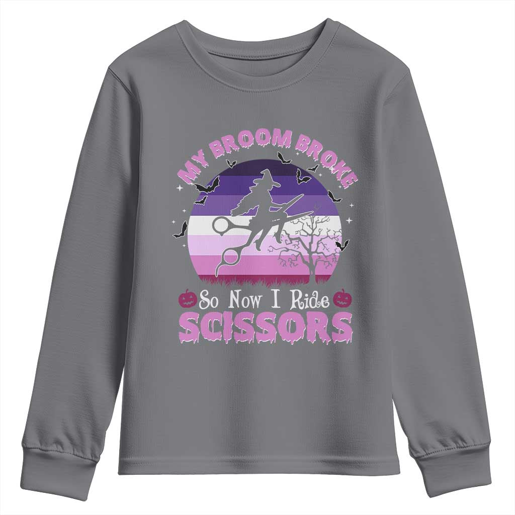 Funny Lesbian Witch Halloween Youth Sweatshirt My Broom Broke So Now I Ride Scissors TS11 Charcoal Print Your Wear