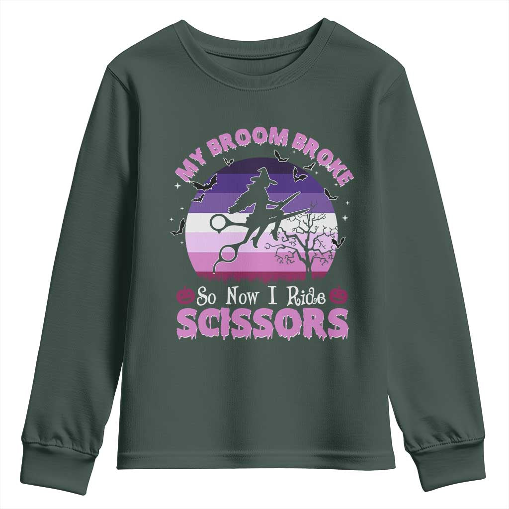 Funny Lesbian Witch Halloween Youth Sweatshirt My Broom Broke So Now I Ride Scissors TS11 Dark Forest Green Print Your Wear