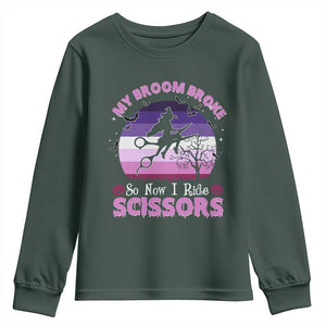Funny Lesbian Witch Halloween Youth Sweatshirt My Broom Broke So Now I Ride Scissors TS11 Dark Forest Green Print Your Wear