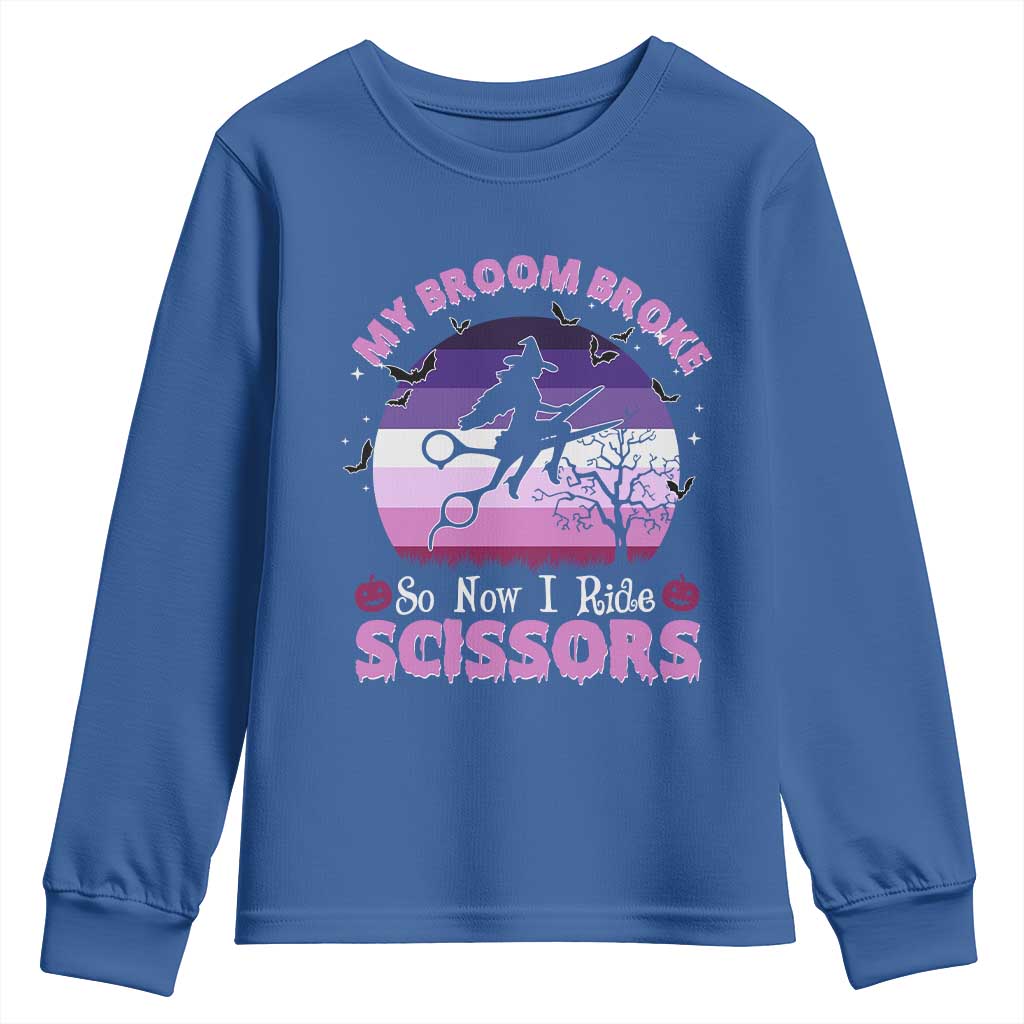 Funny Lesbian Witch Halloween Youth Sweatshirt My Broom Broke So Now I Ride Scissors TS11 Royal Blue Print Your Wear