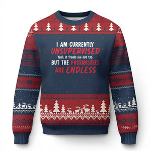 Funny I Am Currently Unsupervised But The Possibilities Are Endless Ugly Christmas Sweater TS11 Navy Red Print Your Wear