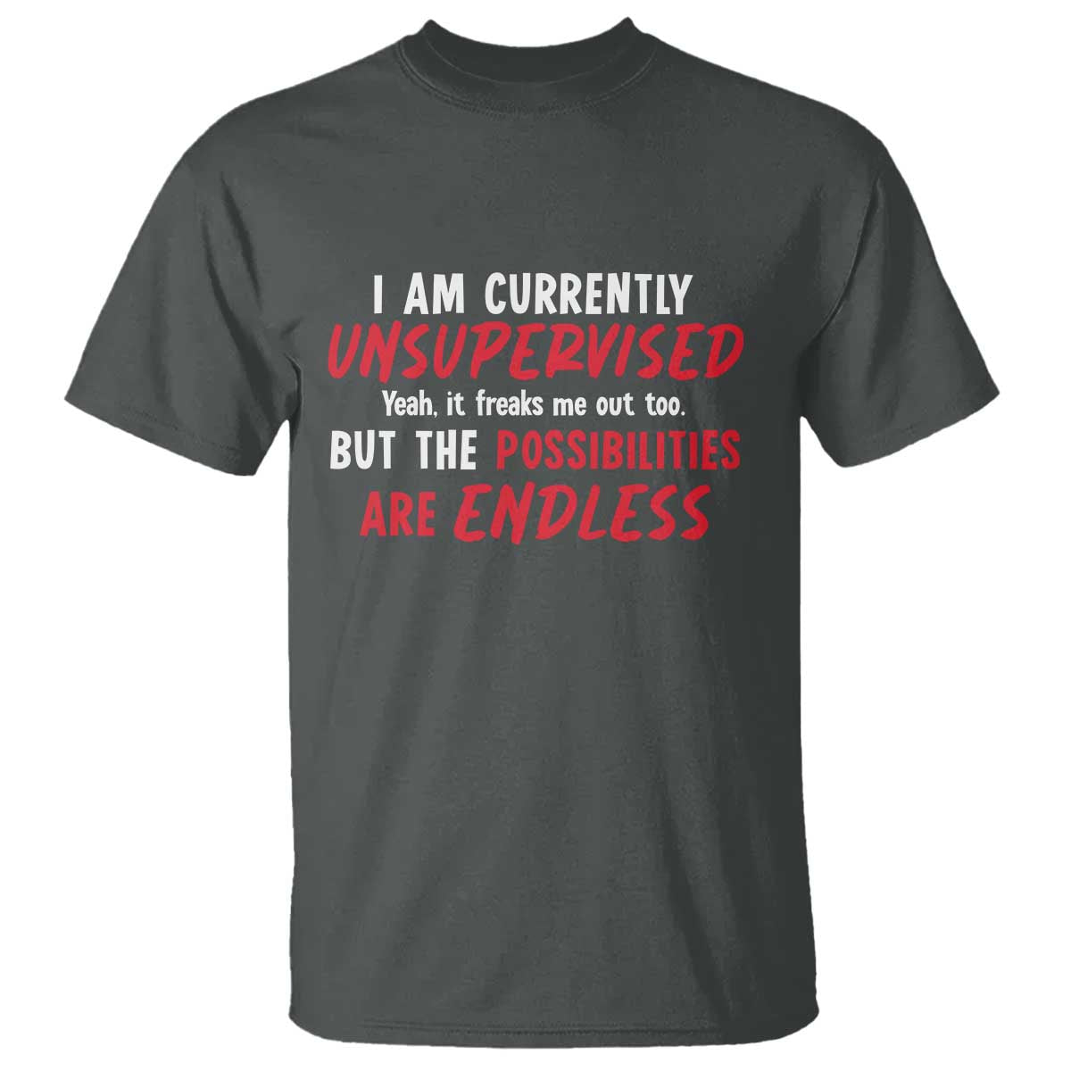 Funny I Am Currently Unsupervised But The Possibilities Are Endless T Shirt TS11 Dark Heather Print Your Wear