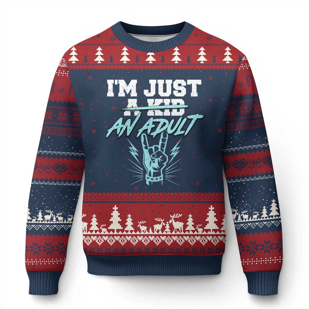 Funny Rock N Roll Lover Ugly Christmas Sweater I Am Just A Kid Adulthood Saying TS11 Navy Red Print Your Wear