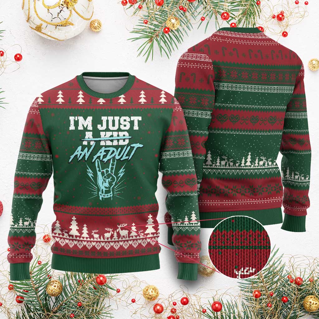 Funny Rock N Roll Lover Ugly Christmas Sweater I Am Just A Kid Adulthood Saying TS11 Red Green Print Your Wear
