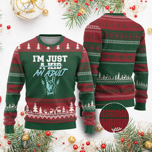 Funny Rock N Roll Lover Ugly Christmas Sweater I Am Just A Kid Adulthood Saying TS11 Red Green Print Your Wear