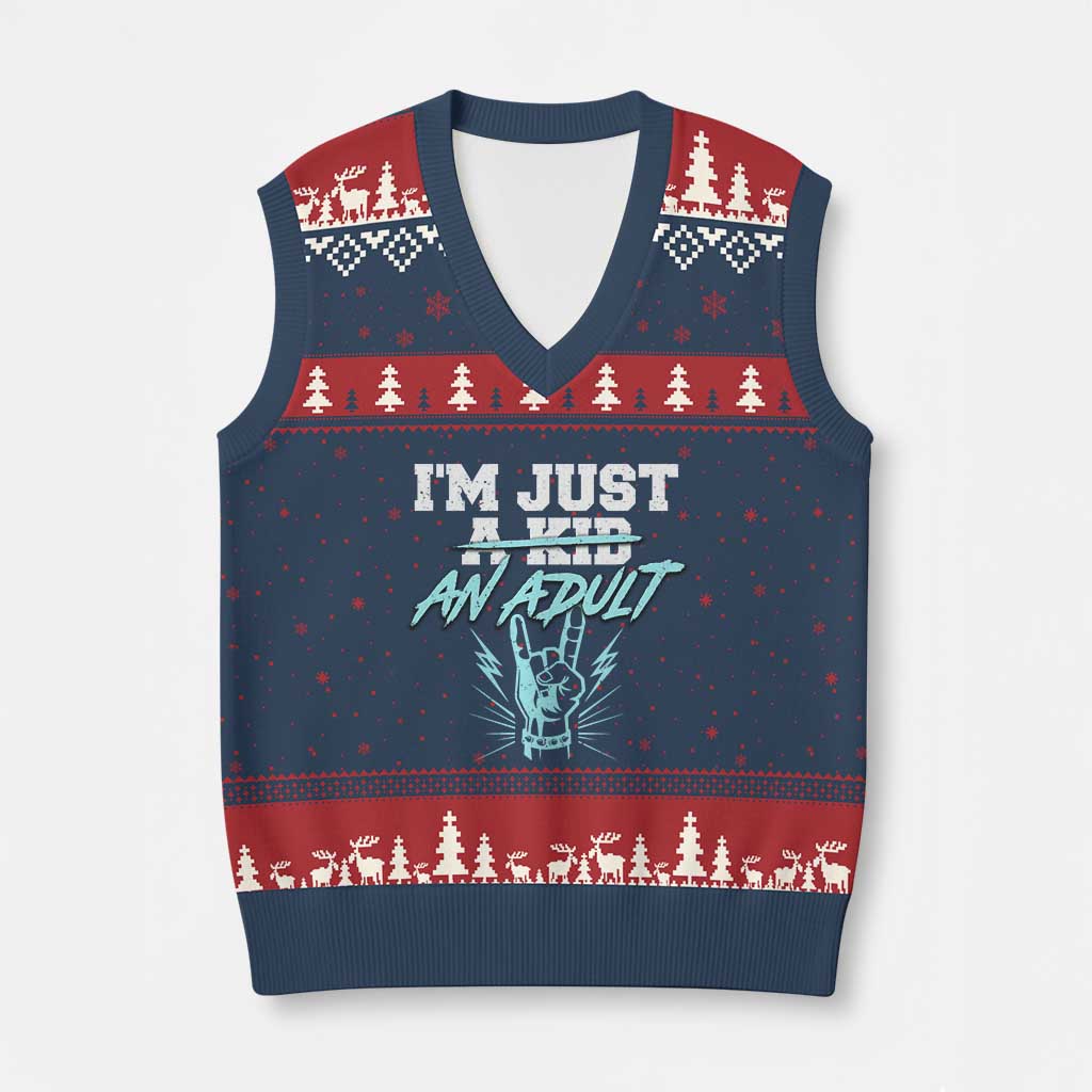 Funny Rock N Roll Lover V-Neck Knit Sweater Vest I Am Just A Kid Adulthood Saying TS11 Navy Red Print Your Wear