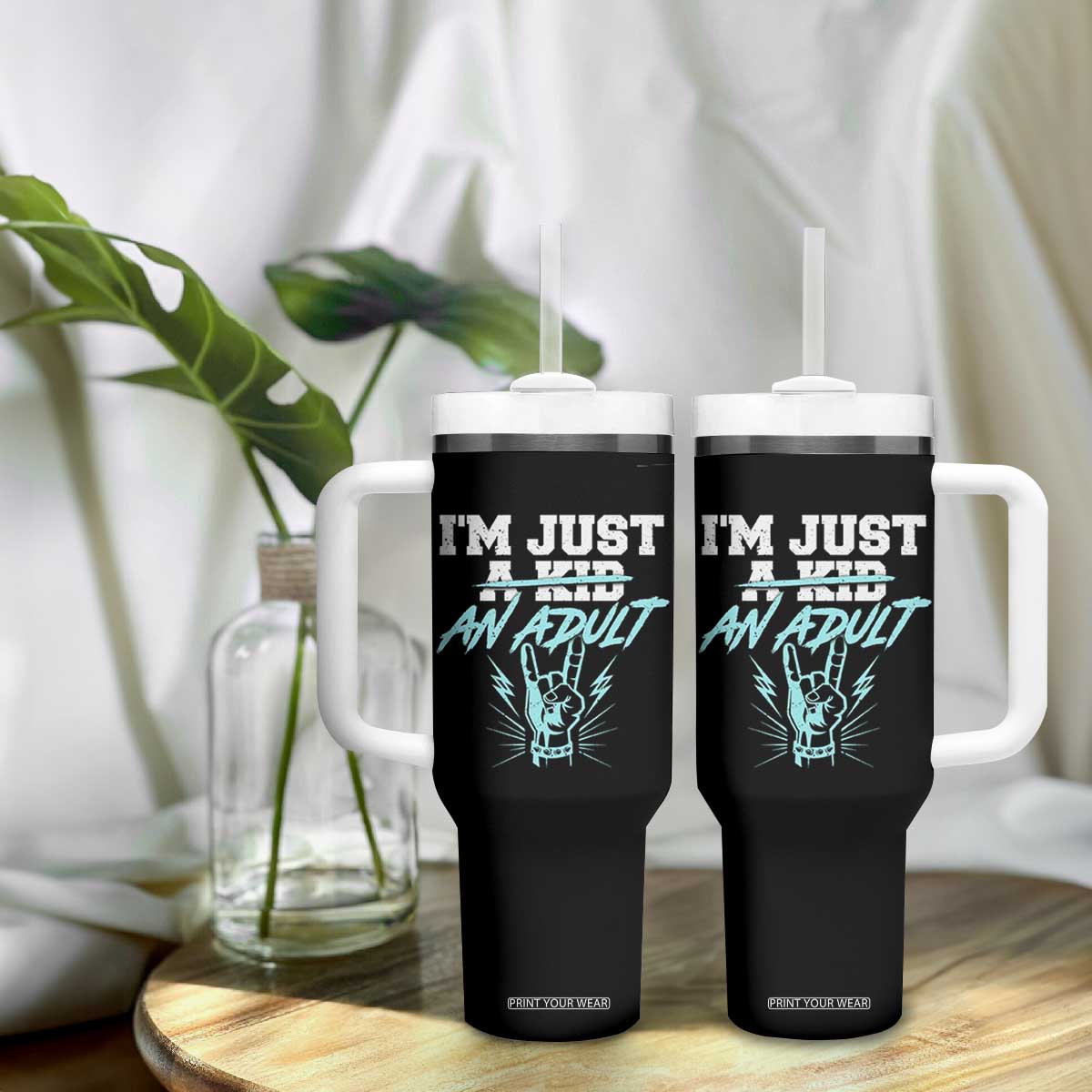 Funny Rock N Roll Lover Tumbler With Handle I Am Just A Kid Adulthood Saying TS11 Print Your Wear