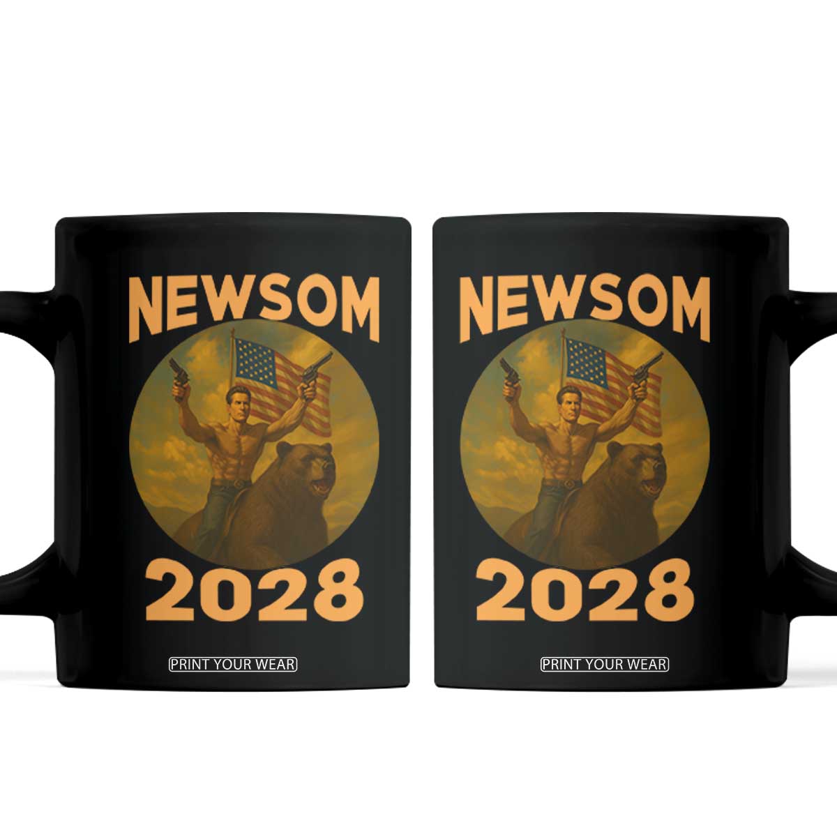 Gavin Newsom 2028 Coffee Mug Patriotic Leader President 48 Riding Bear TS11 Black Print Your Wear