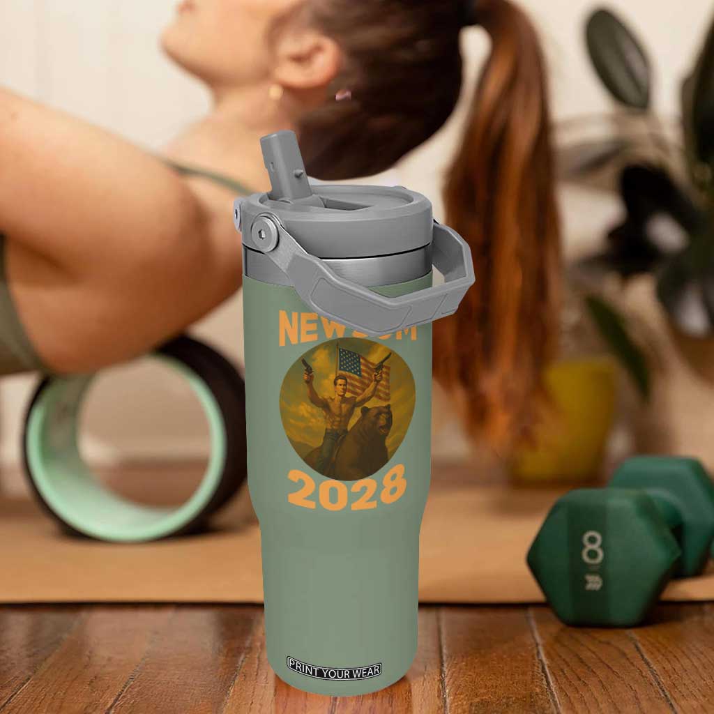 Gavin Newsom 2028 Flip Straw Tumbler Patriotic Leader President 48 Riding Bear TS11 One Size: 30 oz Moss Green Print Your Wear