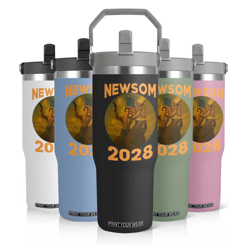 Gavin Newsom 2028 Flip Straw Tumbler Patriotic Leader President 48 Riding Bear TS11 Print Your Wear