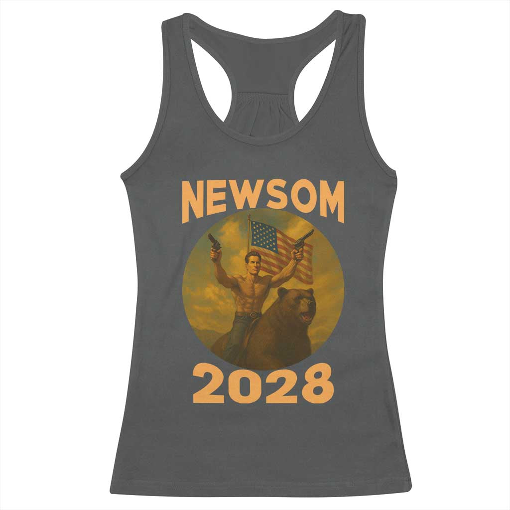 Gavin Newsom 2028 Racerback Tank Top Patriotic Leader President 48 Riding Bear TS11 Dark Heather Print Your Wear